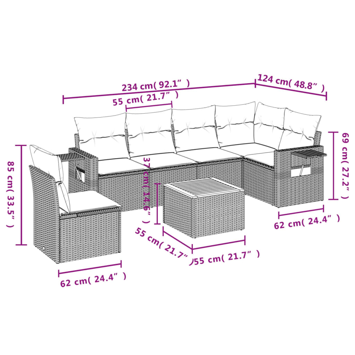 Ein Rattan-Gartenmöbelset mit Maßangaben. Enthält ein Sofa, einen Stuhl und einen Tisch mit weißen Kissen und Abmessungen.