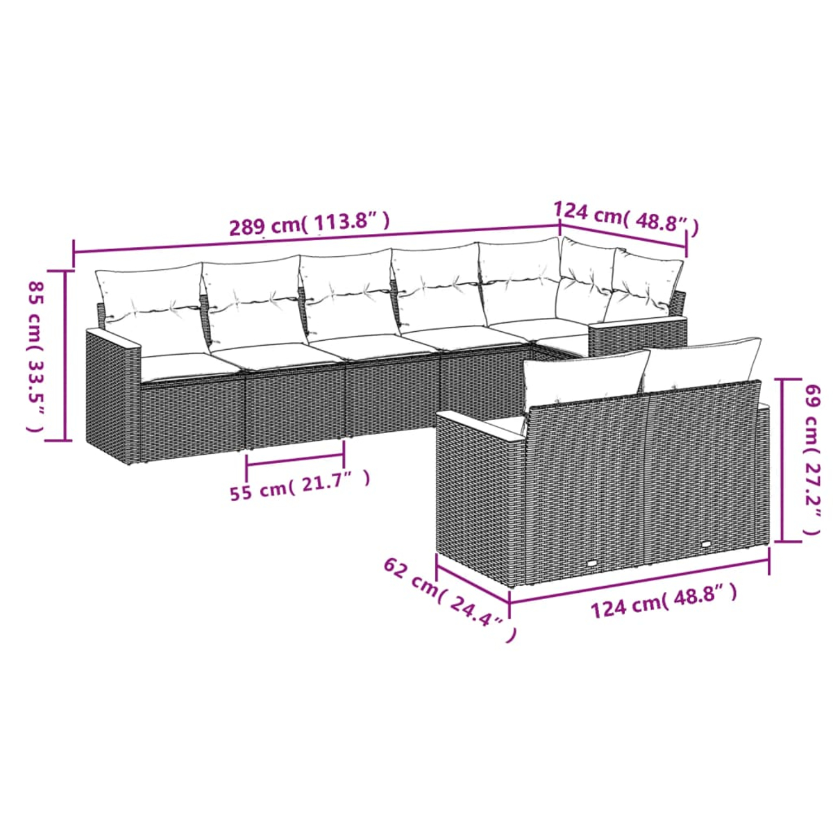 Un diagrama muestra un sofá seccional de ratán gris con dimensiones en centímetros y pulgadas, y un loveseat separado, también con dimensiones.