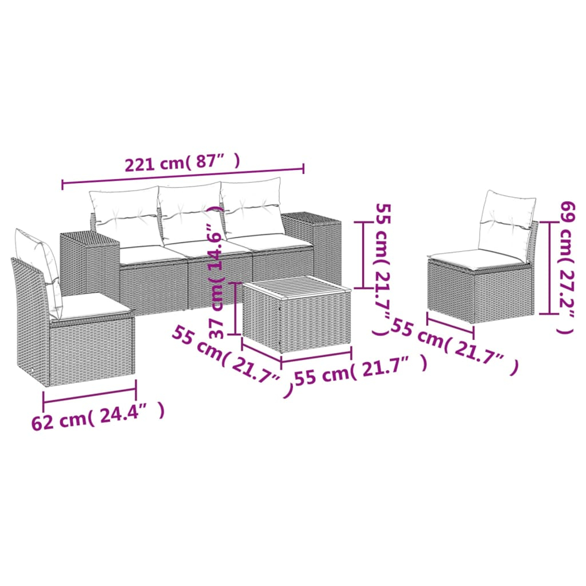 Ein Diagramm von Gartenmöbeln zeigt ein Sofa, zwei Stühle und einen Tisch. Die Maße sind in cm und Zoll angegeben.