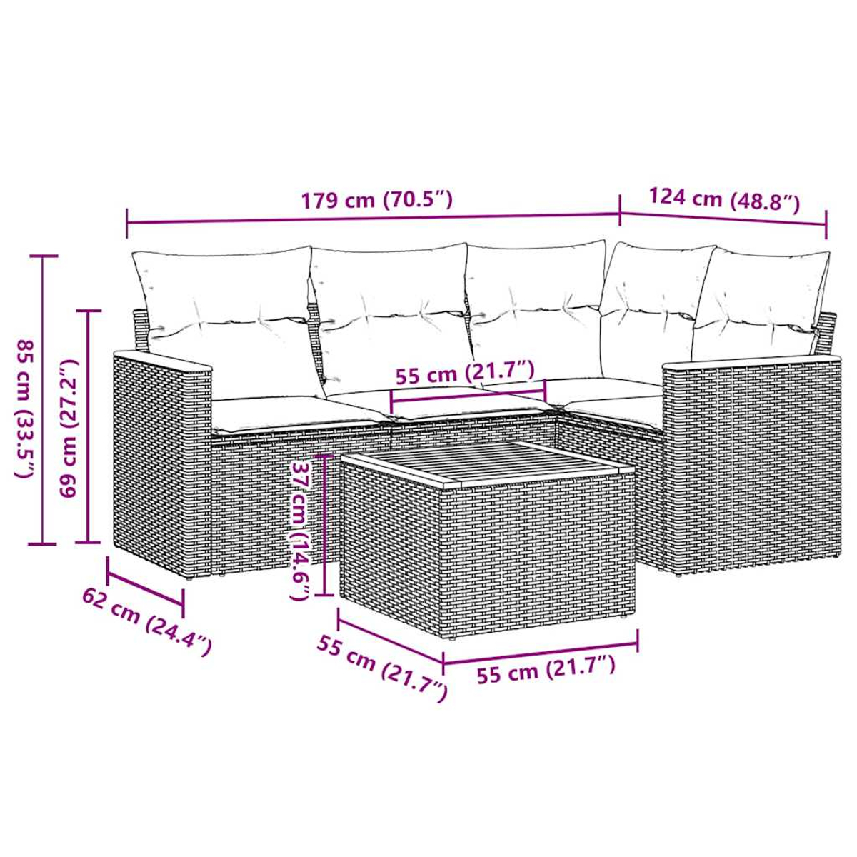 Ein gewebtes Outdoor-Ecksofa mit Kissen und einem passenden Couchtisch. Die Abmessungen sind in Zentimetern und Zoll angegeben.