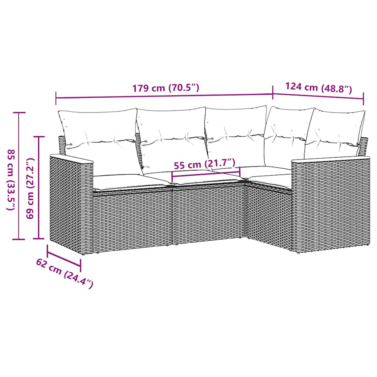 Ein L-förmiges Rattan-Sofa mit beschrifteten Abmessungen. Es hat Kissen und Armlehnen. Maße sind in cm und Zoll angegeben.