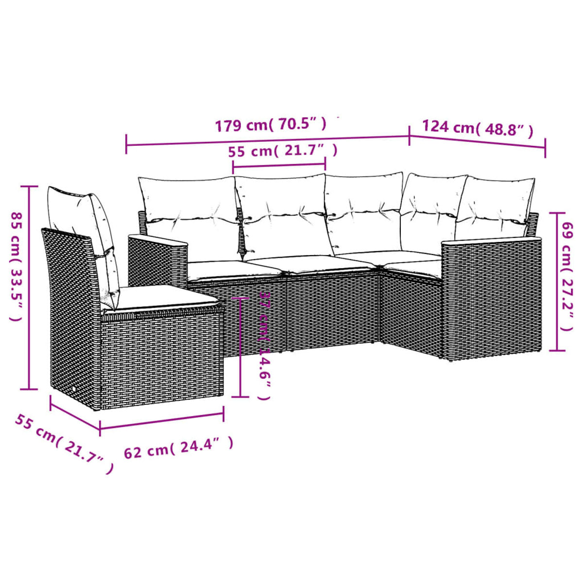 Ein Ecksofa aus Korbgeflecht mit Maßangaben. Enthält einen Einzelstuhl. Weiße Kissen auf den Sitzen und Rücken.