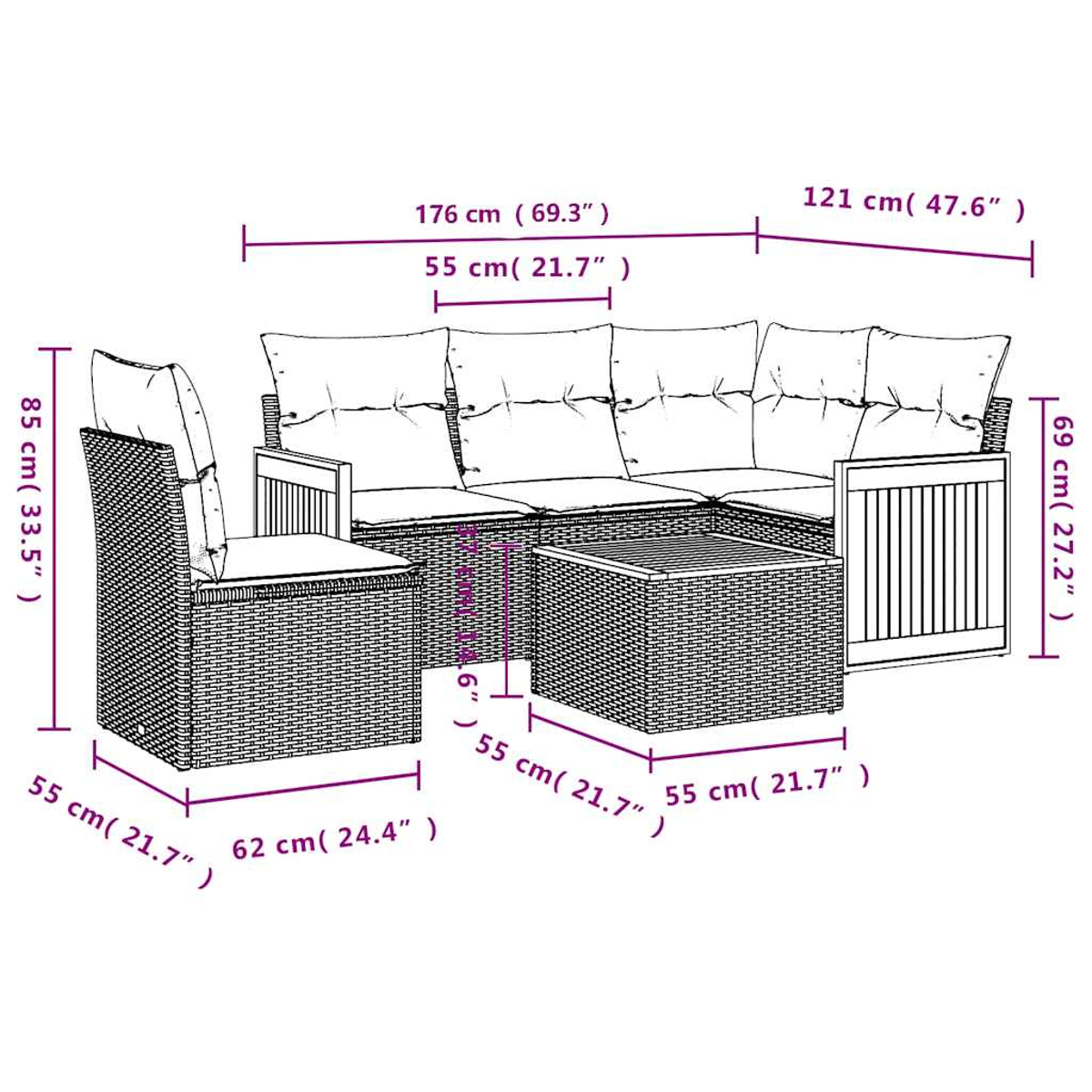 Ein Garten-Wicker-Sofaset mit Kissen und einem Couchtisch. Abmessungen in Zentimetern und Zoll angegeben.