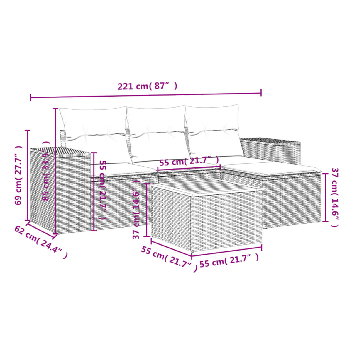 Diagramm eines Rattansofasets mit Abmessungen in Zentimetern und Zoll. Es beinhaltet ein Sofa, einen Hocker und einen Tisch.