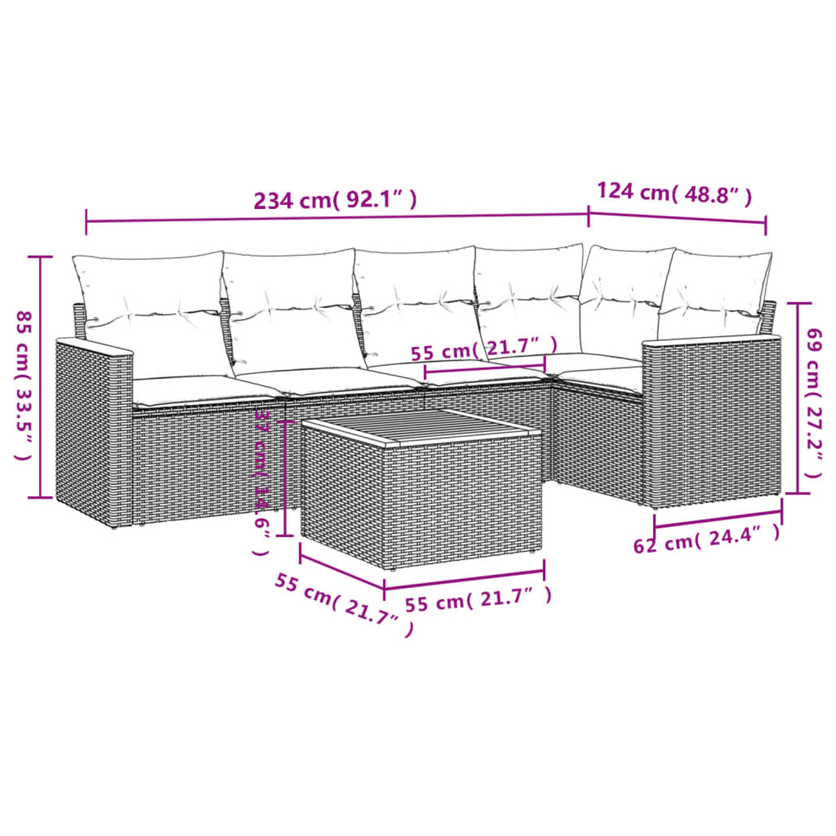 Ein Outdoor-Rattansofa mit Kissen und einem passenden quadratischen Couchtisch. Abmessungen sind auf dem Bild angegeben.
