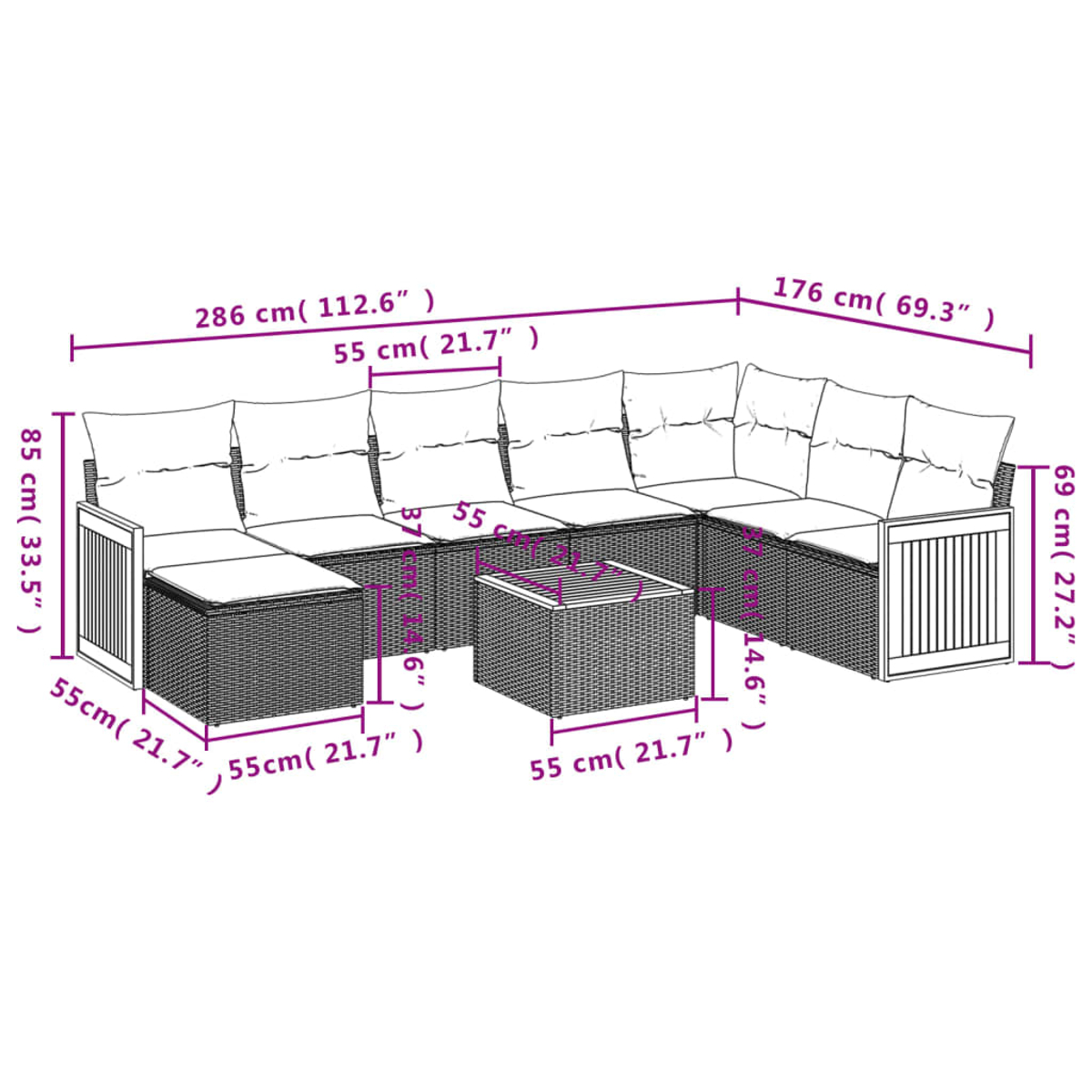 Diagramm eines Outdoor-Ecksofas aus Korbgeflecht mit Abmessungen. Es umfasst ein Ecksofa, einen Beistelltisch und Maße in cm und Zoll.