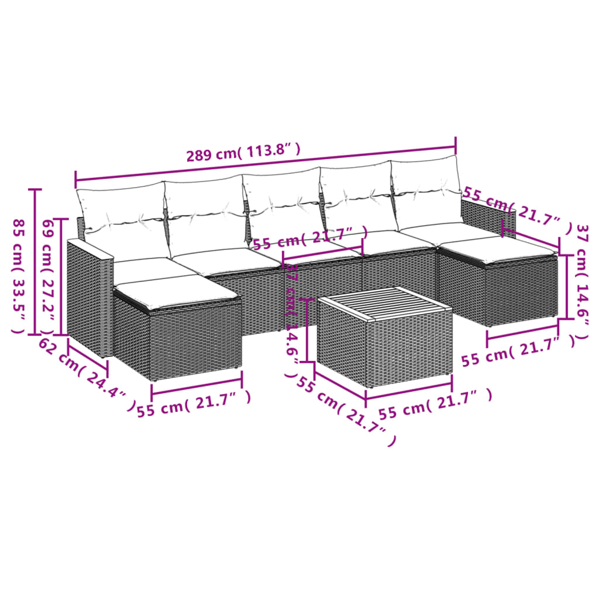 Ein Ecksofa und ein quadratischer Tisch sind abgebildet. Abmessungen in Zentimetern und Zoll sind auf den Objekten angegeben.