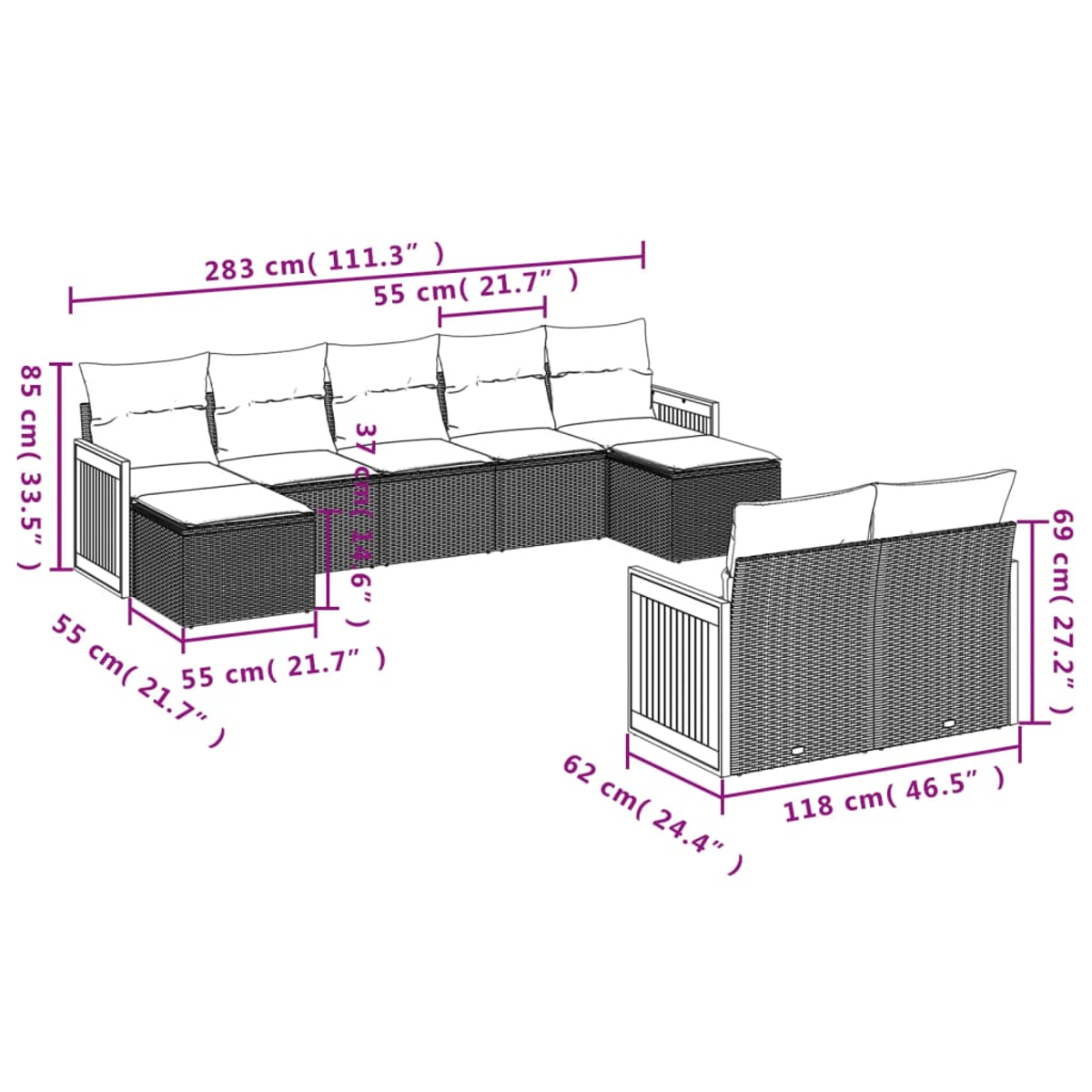Ein Diagramm zeigt ein großes Outdoor-Ecksofa und einen kleineren Zweisitzer. Abmessungen in cm und Zoll sind beschriftet.