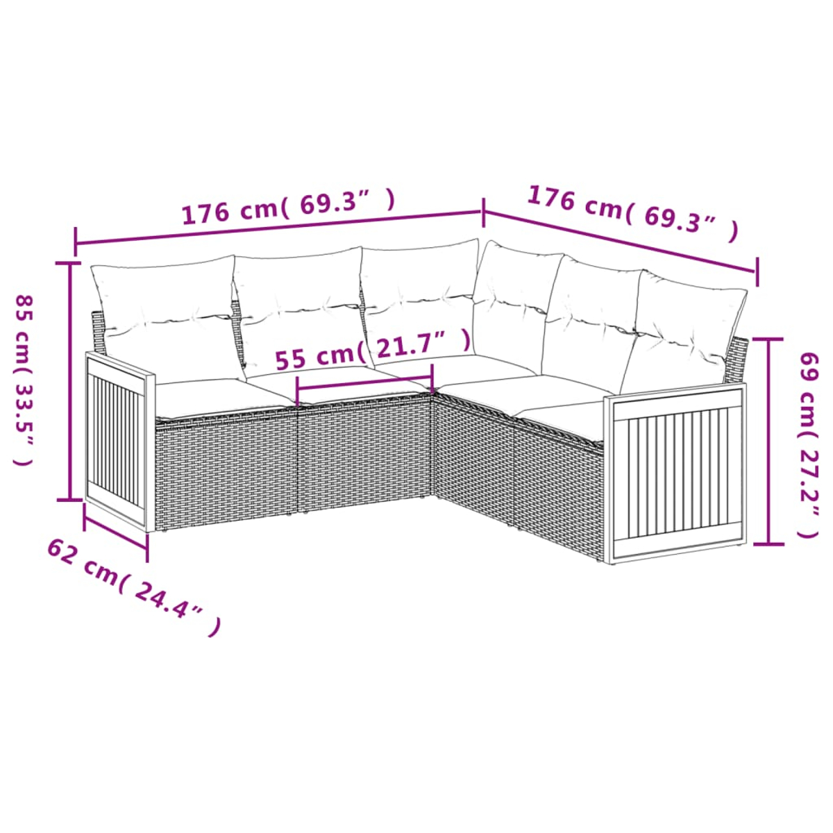 Ein Ecksofa aus Rattan mit beschrifteten Abmessungen. Es hat weiße Kissen und ist für den Außenbereich konzipiert. Die Maße sind markiert.