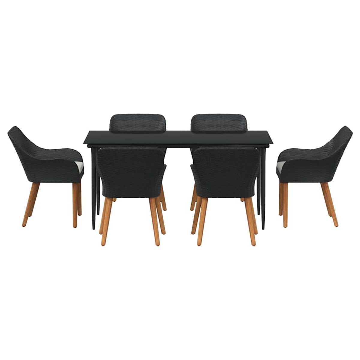 Schwarzes Ess-Set für den Außenbereich mit einem rechteckigen Tisch und sechs Stühlen. Stühle haben gewebte Rücken und Holzbeine. Das Set steht auf weißem Grund.