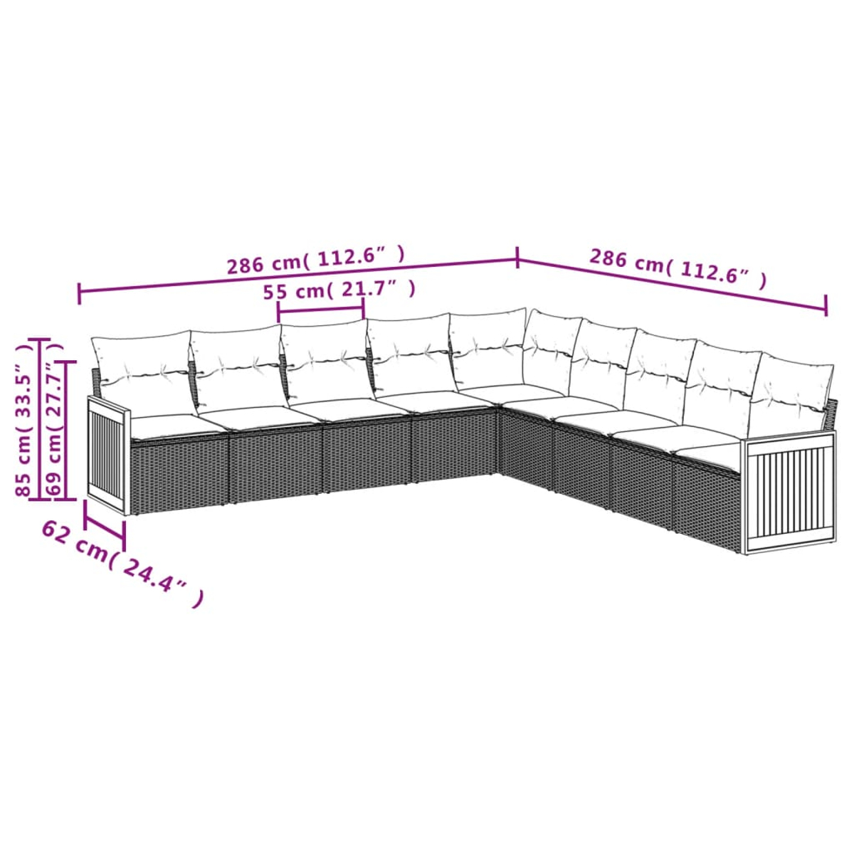 Ein L-förmiges Outdoor-Sofa aus gewebtem dunklem Material mit weißen Kissen und Abmessungen in Zentimetern und Zoll.