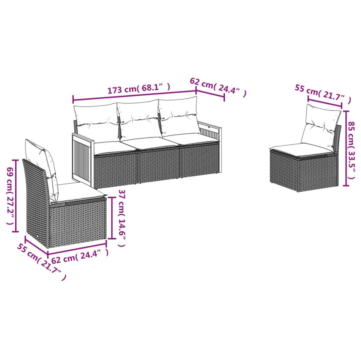 Diagramm eines Gartenmöbelsets. Es umfasst ein Dreisitzer-Sofa und zwei Sessel, mit Abmessungen in Zentimetern und Zoll.
