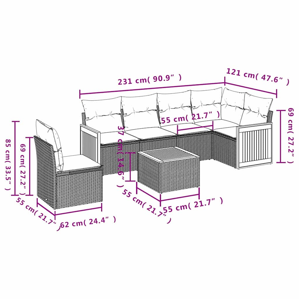 Ein Diagramm zeigt ein Rattan-Outdoormöbelset: ein Ecksofa, ein einzelner Stuhl und ein kleiner Tisch. Abmessungen in cm sind ebenfalls angegeben.
