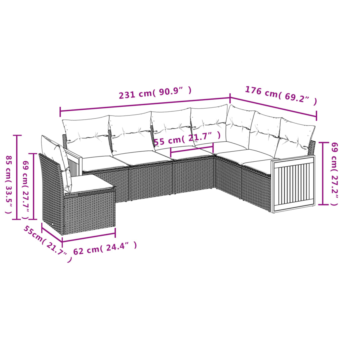 Ein L-förmiges Korbmöbelsofa mit Kissen, Abmessungen in Zentimetern. Das Sofa befindet sich auf weißem Hintergrund.
