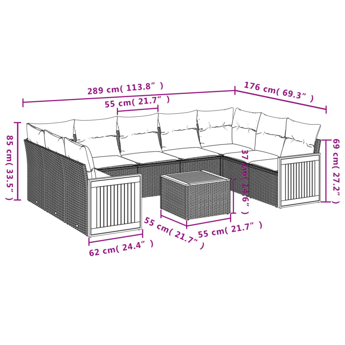 Ein Ecksofa aus Korbgeflecht und ein kleiner quadratischer Tisch, alle mit Maßangaben in Zentimetern und Zoll.