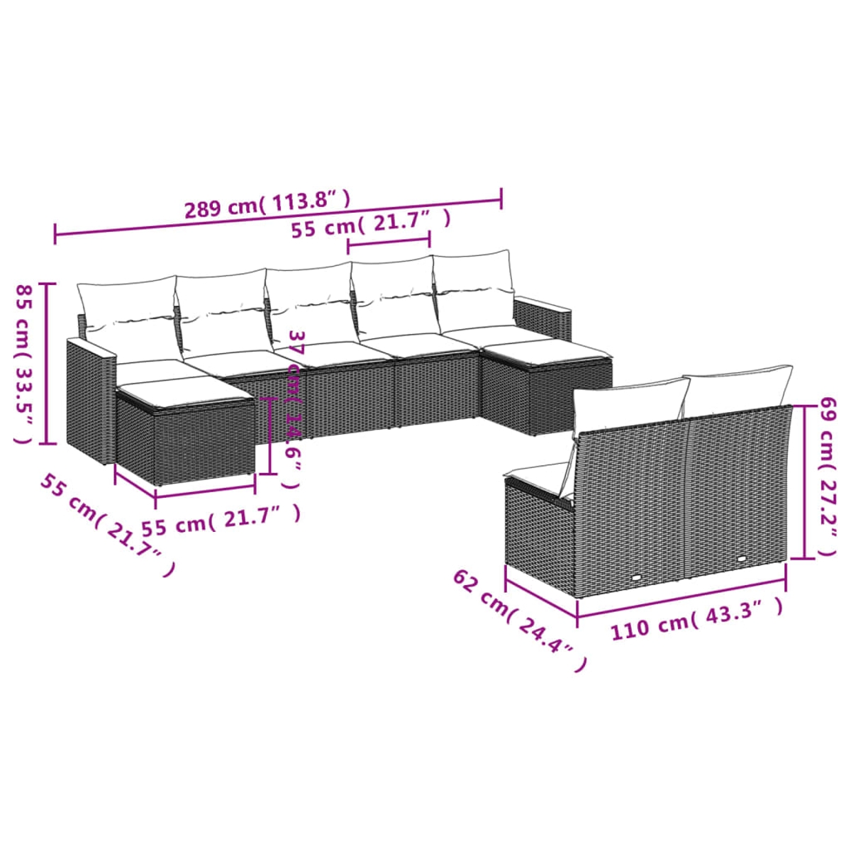 Ein Ecksofa für den Außenbereich mit einem passenden Einzelsitz. Das Sofa hat weiße Kissen und ist aus dunkelbraunem Korbgeflecht gefertigt. Abmessungen sind angegeben.