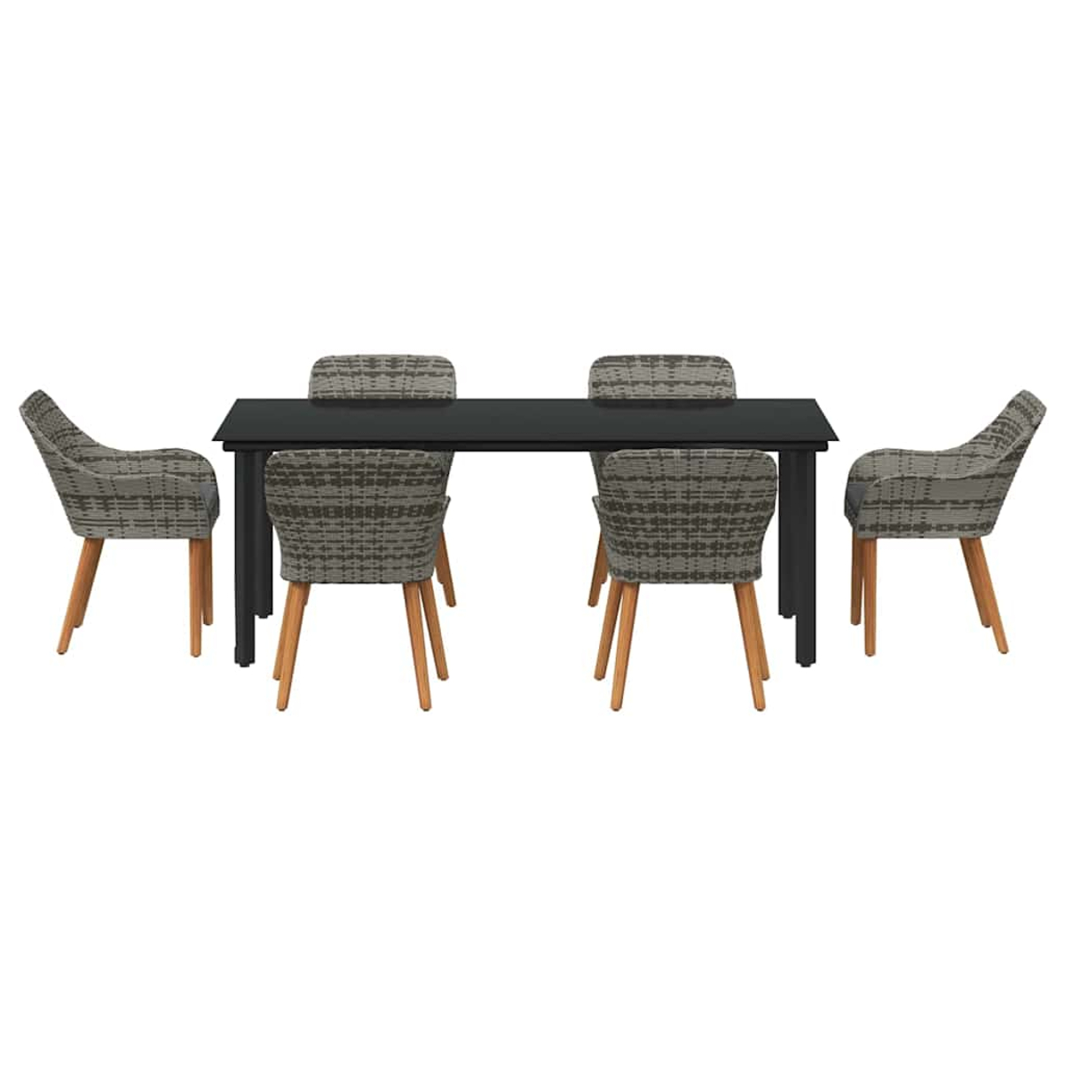 Una mesa negra con seis sillas. Las sillas tienen asientos grises tejidos y patas de madera. La mesa es rectangular, con patas oscuras.