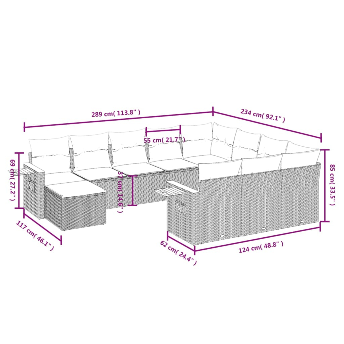 Geflochtenes Outdoor-Ecksofa mit Maßangaben in cm und Zoll. Es hat Kissen und Beistelltische.
