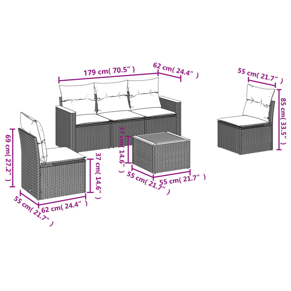 Ein Rattanset für die Terrasse wird gezeigt. Es besteht aus einem Dreisitzer-Sofa, zwei Sesseln und einem kleinen quadratischen Tisch, alle mit Abmessungen.