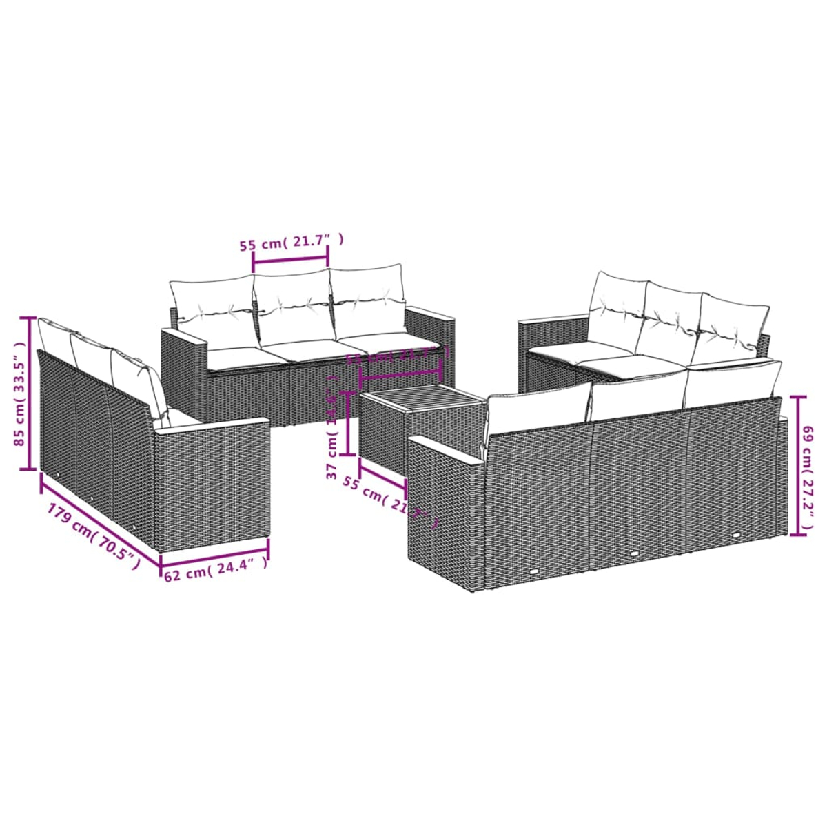 Ein Diagramm zeigt ein Rattan-Gartenmöbel-Set: zwei Sofas, zwei Sessel und ein Tisch, mit Maßen in cm und Zoll.