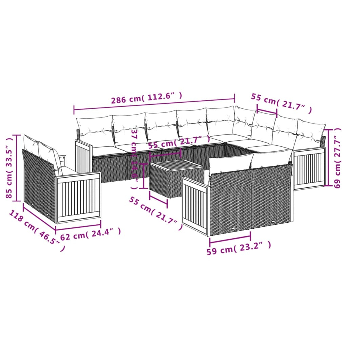 Geflochtenes Outdoor-Sofaset mit Maßangaben. Enthält ein großes Ecksofa, zwei Sessel und einen kleinen quadratischen Tisch, alles in Braun.