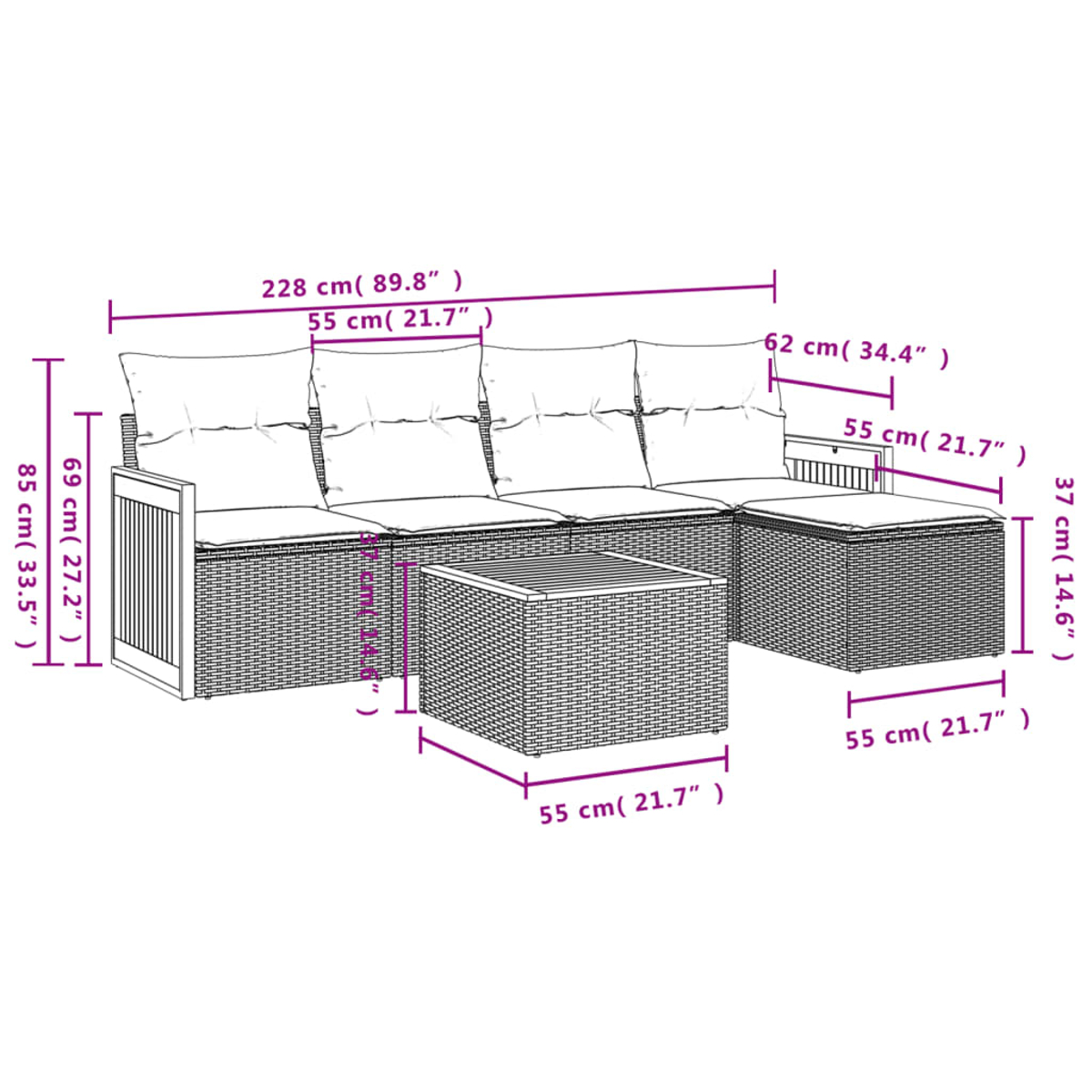 Un set di divani da esterno in vimini con dimensioni indicate. Include un divano, un poggiapiedi e un tavolino quadrato.