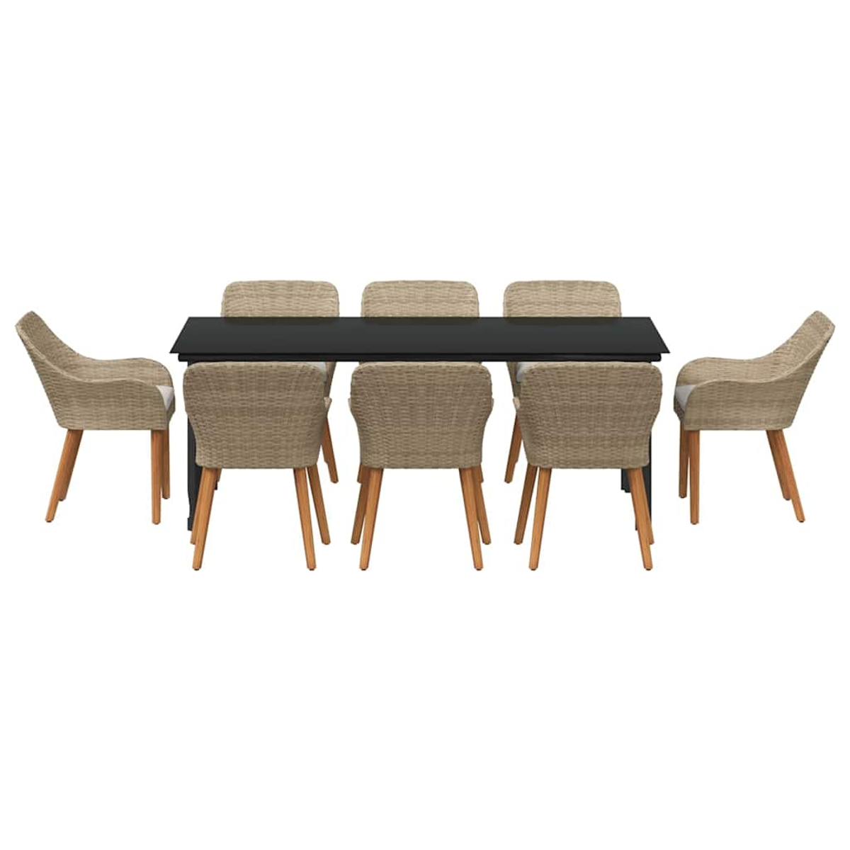 Ein schwarzer rechteckiger Tisch ist von sechs geflochtenen Stühlen mit Holzbeinen umgeben. Die Stühle haben beige geflochtene Rücken und Sitze.