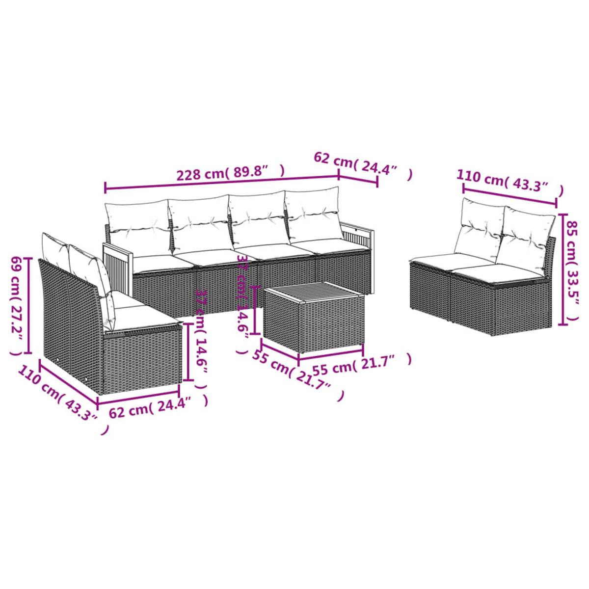 Graues Outdoor-Rattan-Möbelset mit weißen Kissen. Beinhaltet ein Sofa, zwei Sessel und einen quadratischen Couchtisch.