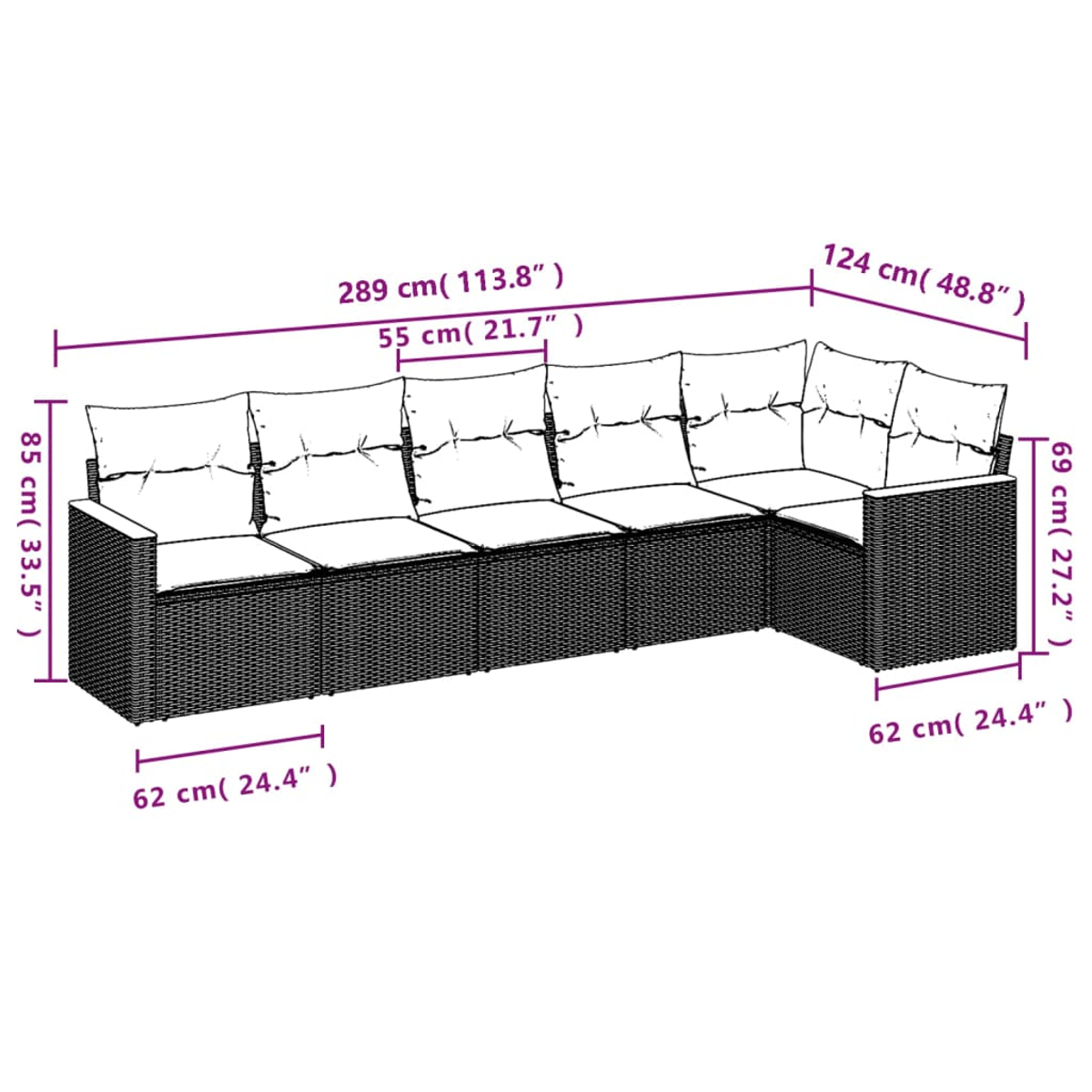 Ein schwarzes Korbsesselsofa mit weißen Kissen ist mit Maßen in Zentimetern und Zoll dargestellt.