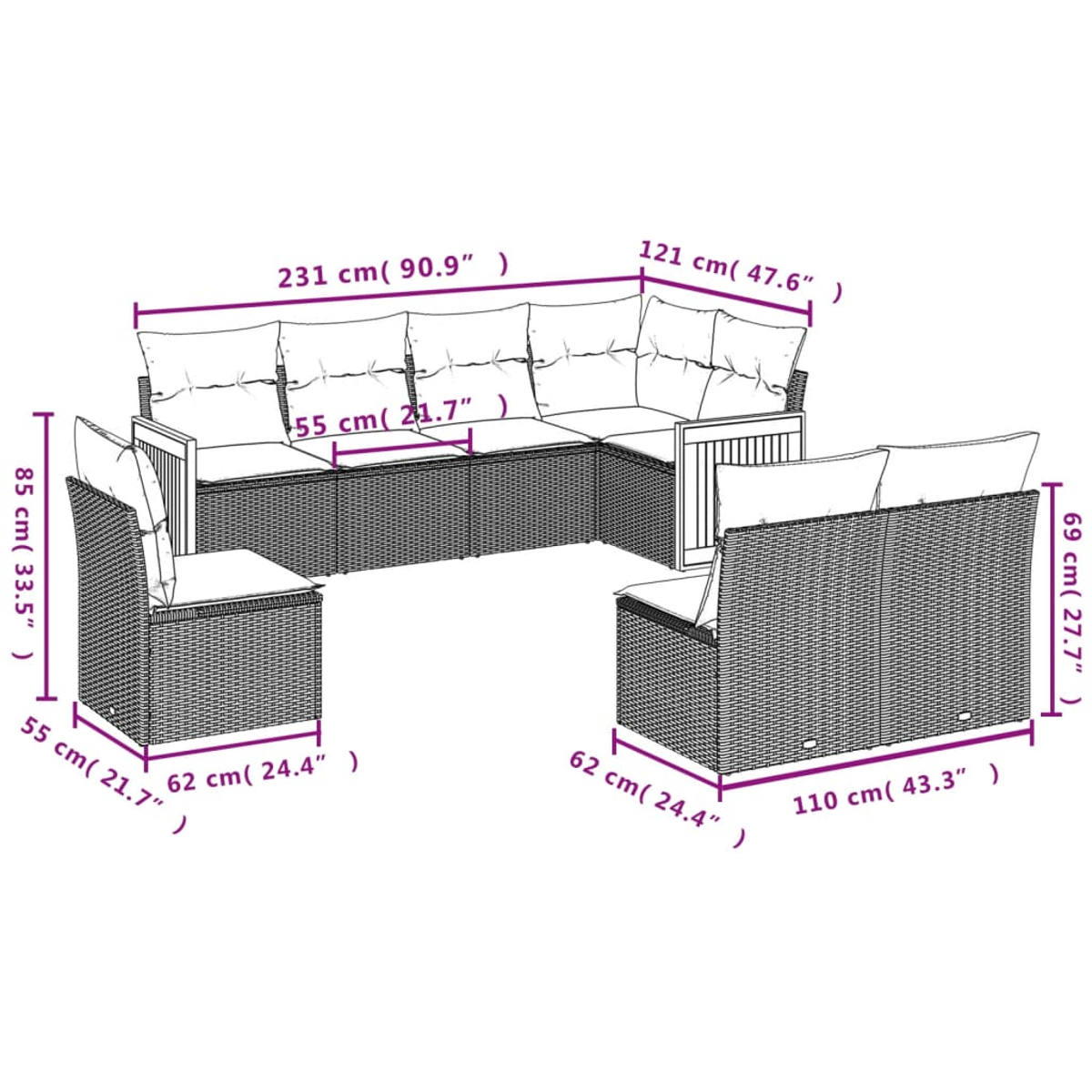 Ein Ecksofa-Set aus Rattan für den Außenbereich mit Maßangaben. Es umfasst ein großes Sofa, ein kleineres Sofa und einen Einzelsessel.