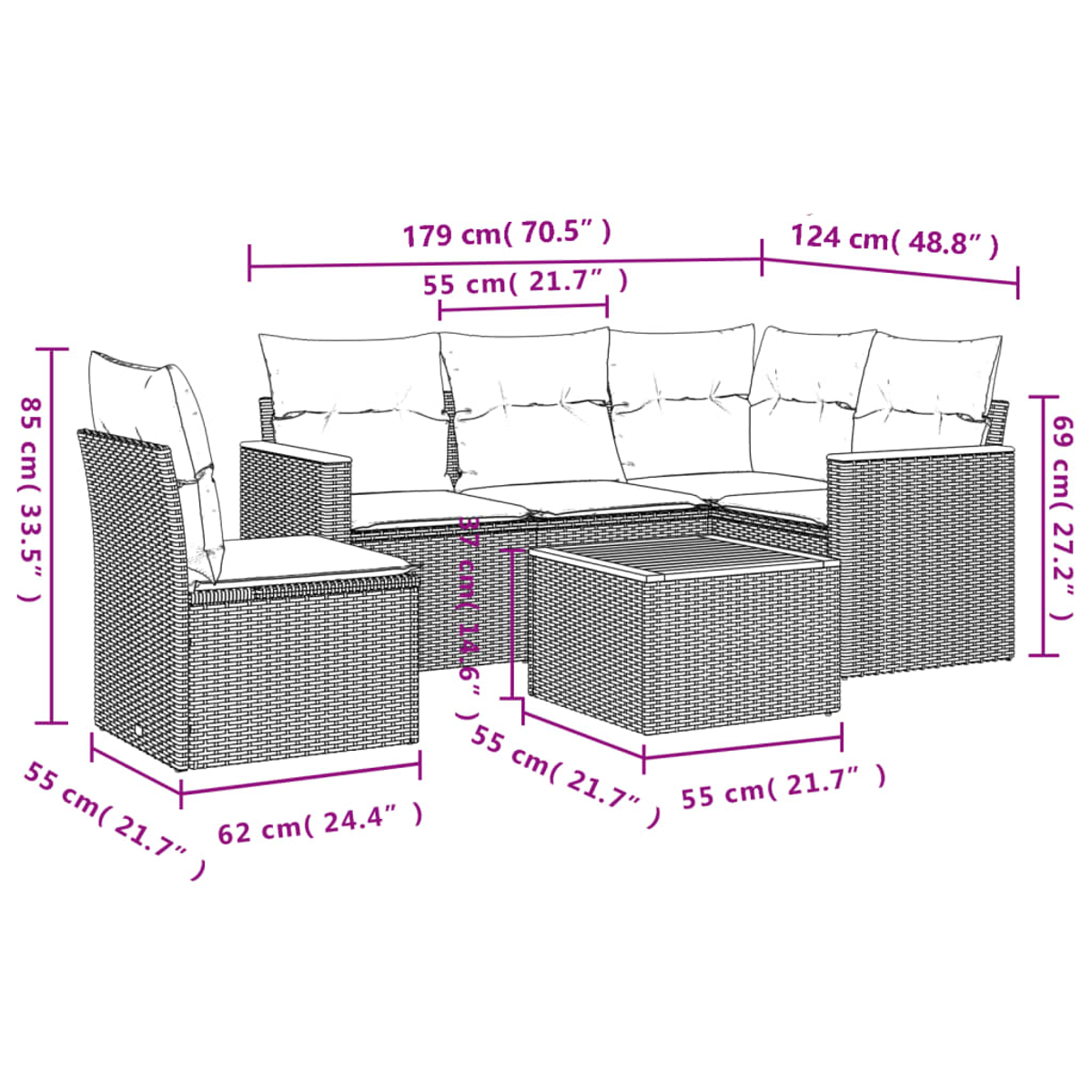 Geflecht-Outdoormöbel-Set mit Sofa, Stuhl und Tisch. Abmessungen sind in cm und Zoll angegeben.