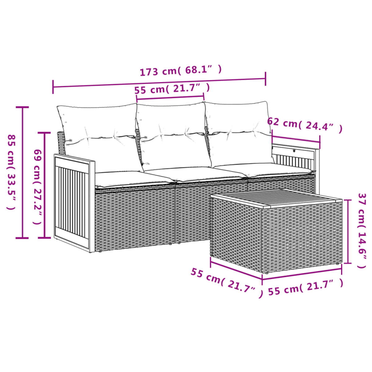 Ein Rattansofa und -tisch-Set mit Kissen. Abmessungen sind angegeben, einschließlich Höhen- und Breitenangaben in cm und Zoll.