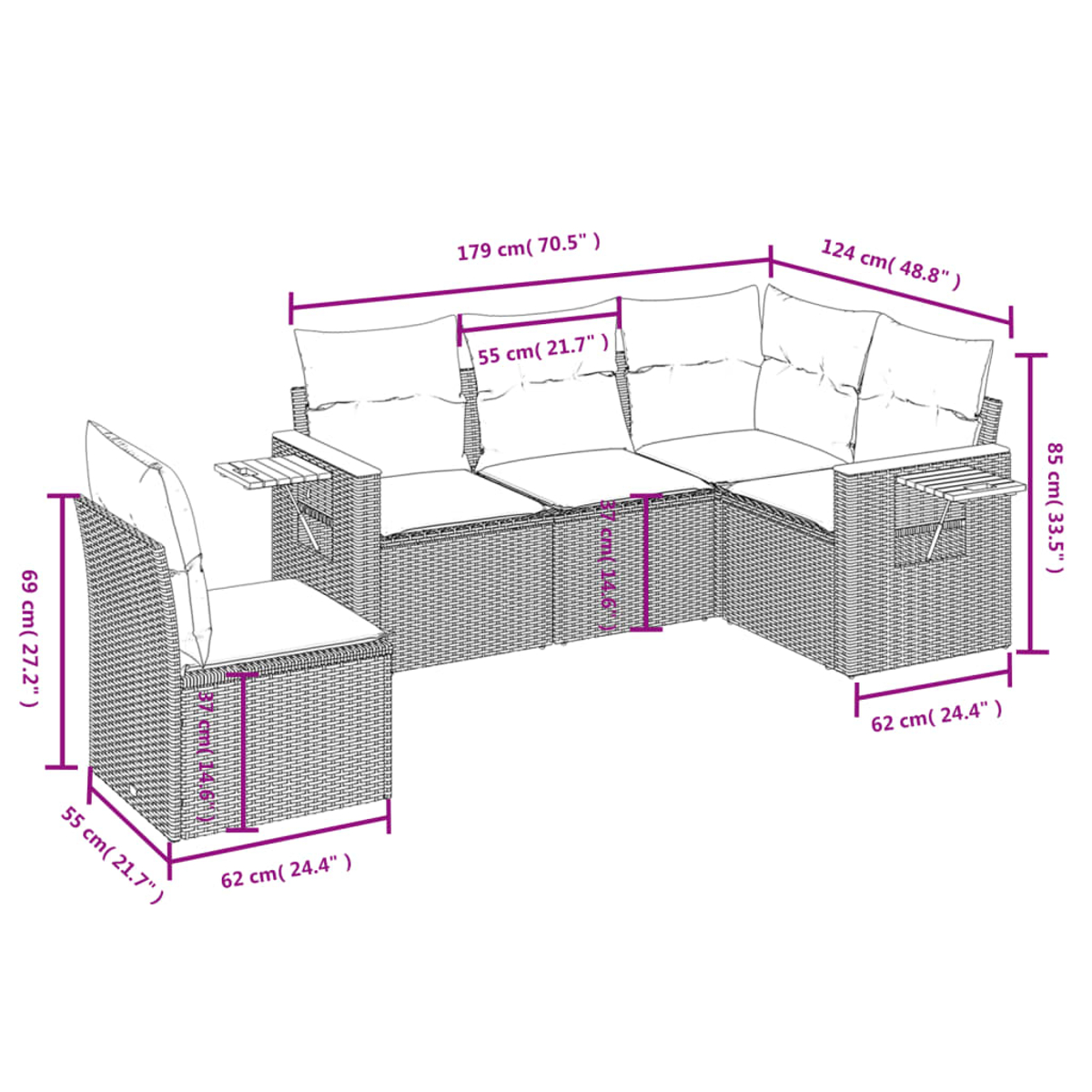 Ein Ecksofa für den Außenbereich mit Abmessungen und Beschriftungen. Das Sofa ist aus braunem Korbgeflecht mit weißen Kissen.