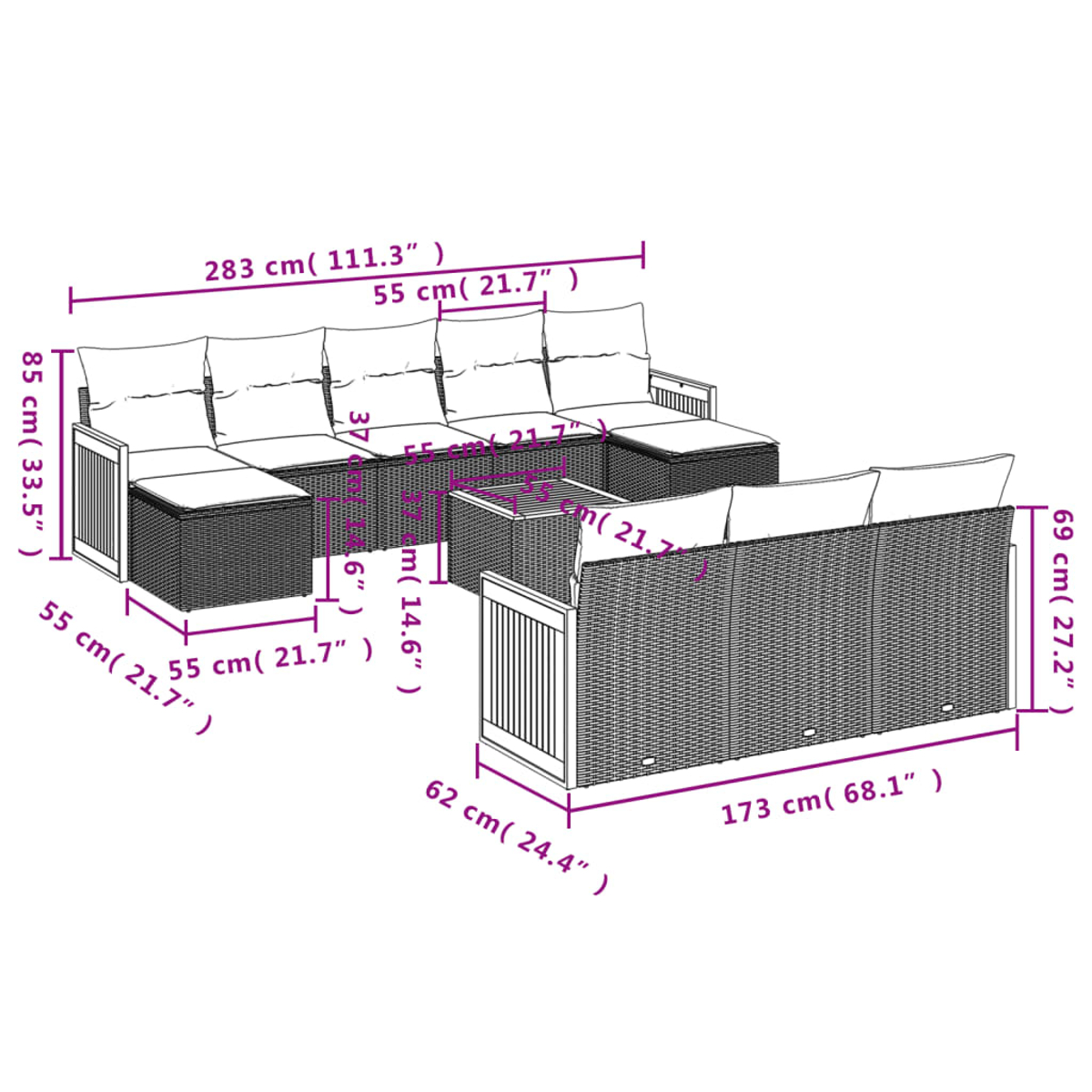 Ein Diagramm zeigt ein Outdoor-Sofaset aus Korbgeflecht mit Abmessungen in cm und Zoll. Das Set umfasst ein großes Sofa, einen Tisch und ein kleineres Sofa.