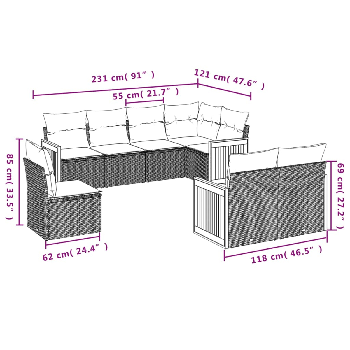 Ein Diagramm eines Outdoor-Ecksofasets. Maße sind in cm und Zoll angegeben. Das Set umfasst ein Ecksofa und zwei Sessel.