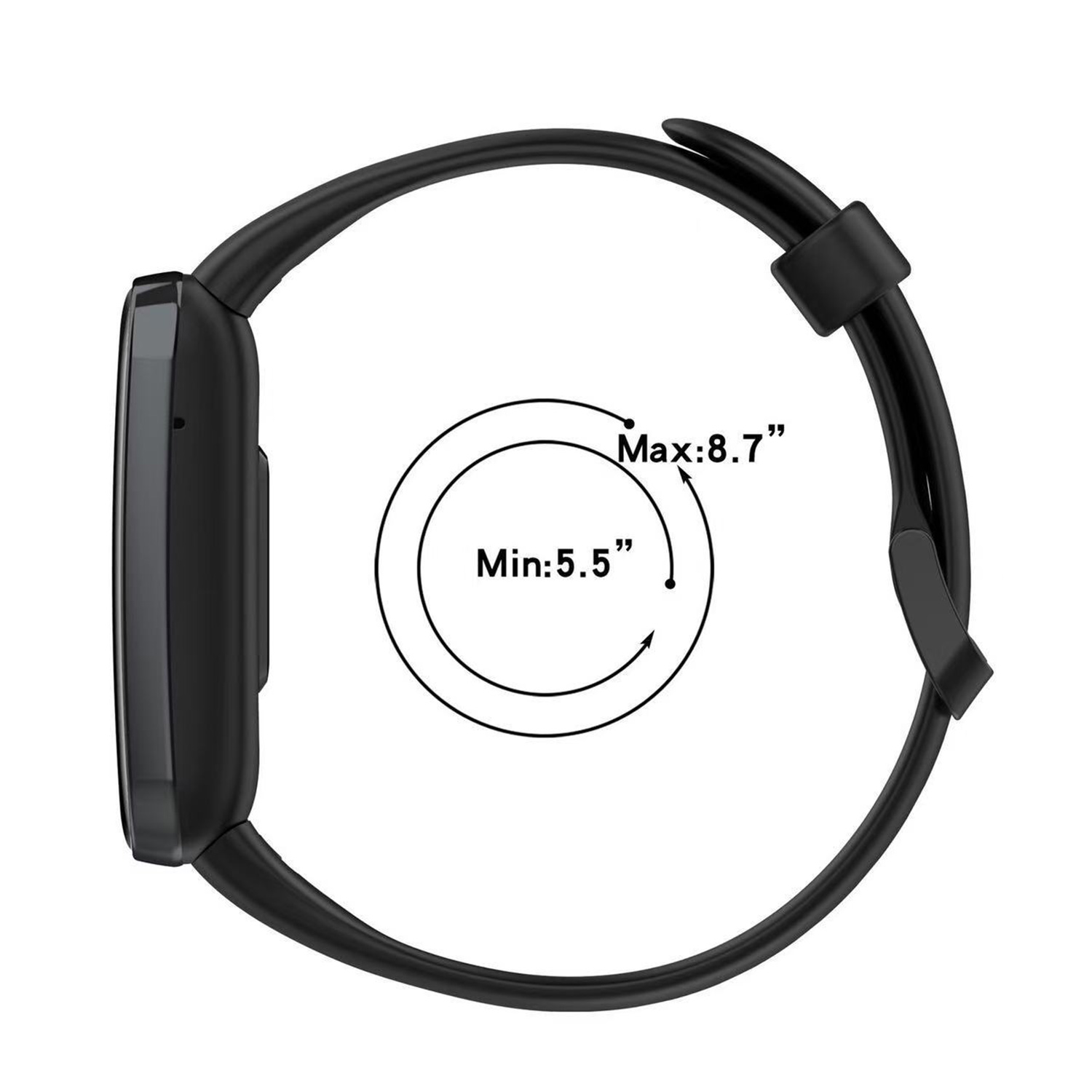 Czarny smartwatch na białym tle. Widok z boku. Wyświetlacz i pasek widoczne. Tekst wskazuje zakres rozmiarów: 5.5"-8.7".