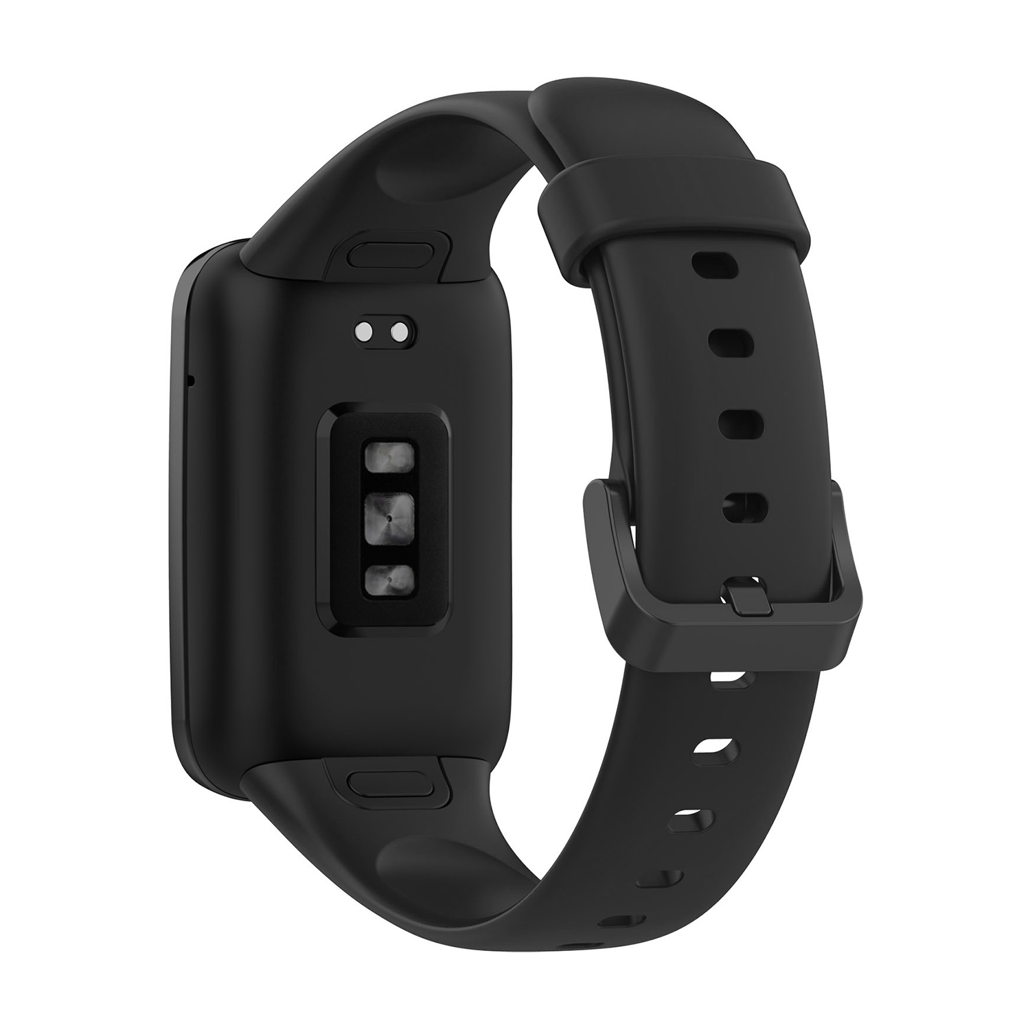 Czarny tracker fitness z paskiem. Tył pokazuje czujniki i punkty ładowania. Pasek ma otwory do regulacji.