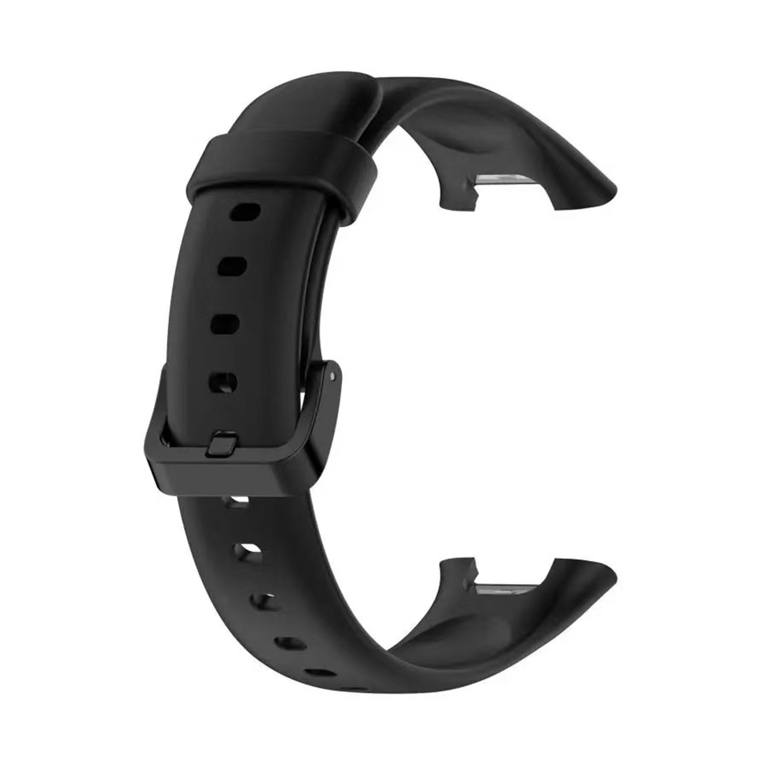 Czarny pasek do zegarka, wygięty w kształt litery C. Ma otwory i klamrę. Tło jest białe.