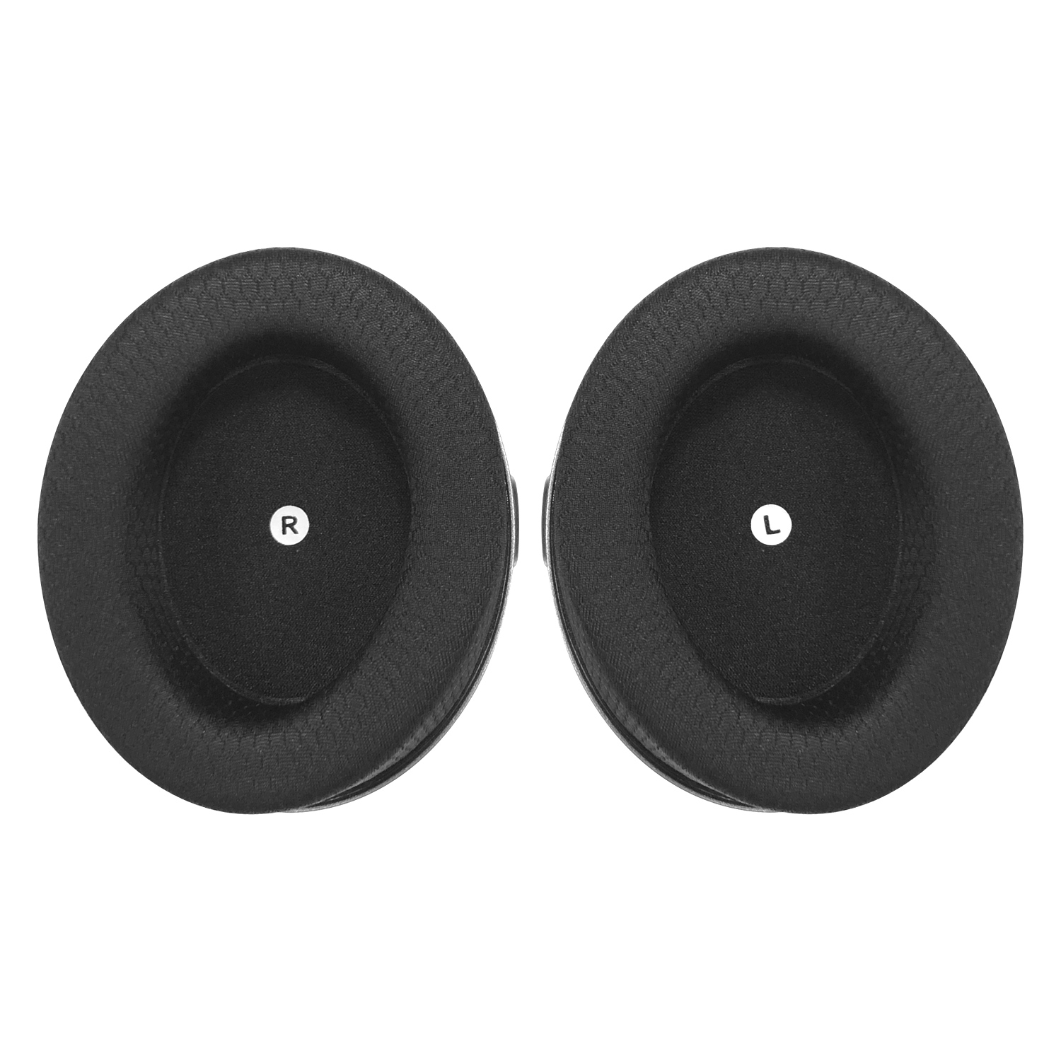 Dwa czarne nauszniki słuchawek, jeden oznaczony 'R', drugi 'L', na białym tle. Nauszniki są okrągłe.