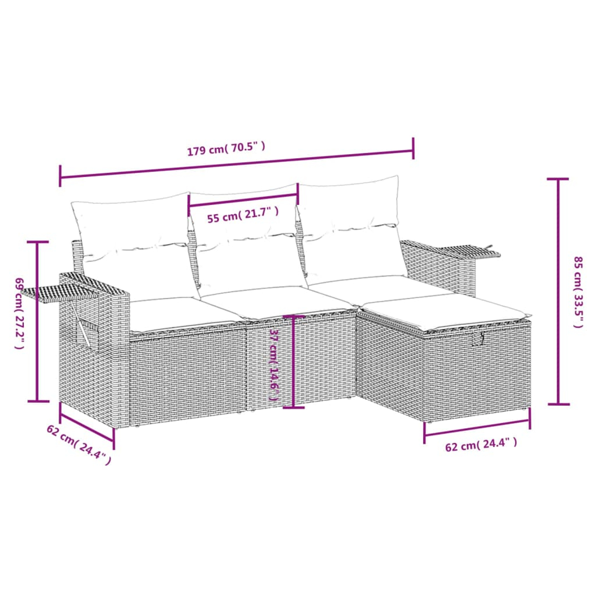 Geflochtenes Sofa mit angezeigten Abmessungen. Es hat Kissen und einen Beistelltisch, mit Maßen in cm und Zoll.