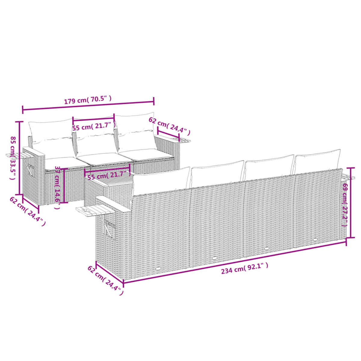 Ein Diagramm zeigt eine Gartenmöbelgarnitur mit Maßangaben in Zentimetern und Zoll. Das Set umfasst ein Sofa und ein Zweisitzer.