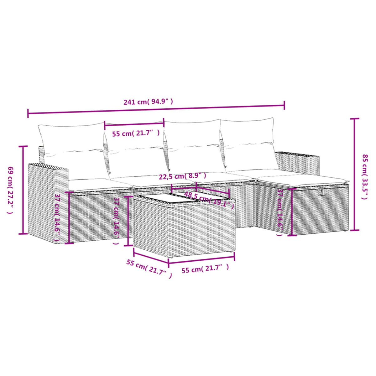 Ein Outdoor-Sofa aus Korbgeflecht mit Maßangaben. Es beinhaltet ein Dreisitzer-Sofa, eine Ottomane und einen kleinen Tisch.