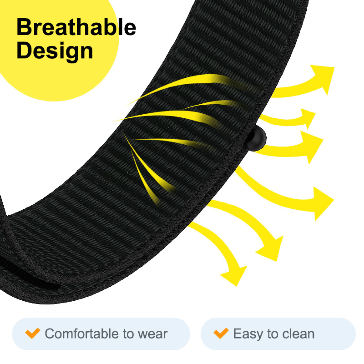 Czarny, teksturowany pasek z żółtymi strzałkami, tekstem 'Oddychający design' oraz ptaszkami wskazującymi na komfort i łatwe czyszczenie.