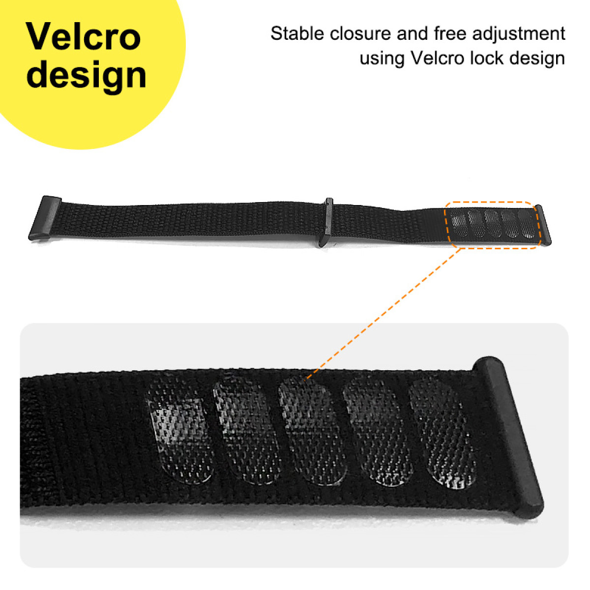 Czarny pasek do zegarka z zapięciem na rzep. Zbliżenie pokazuje teksturowane łatki na rzep. Konstrukcja promuje stabilne zapięcie i łatwą regulację.