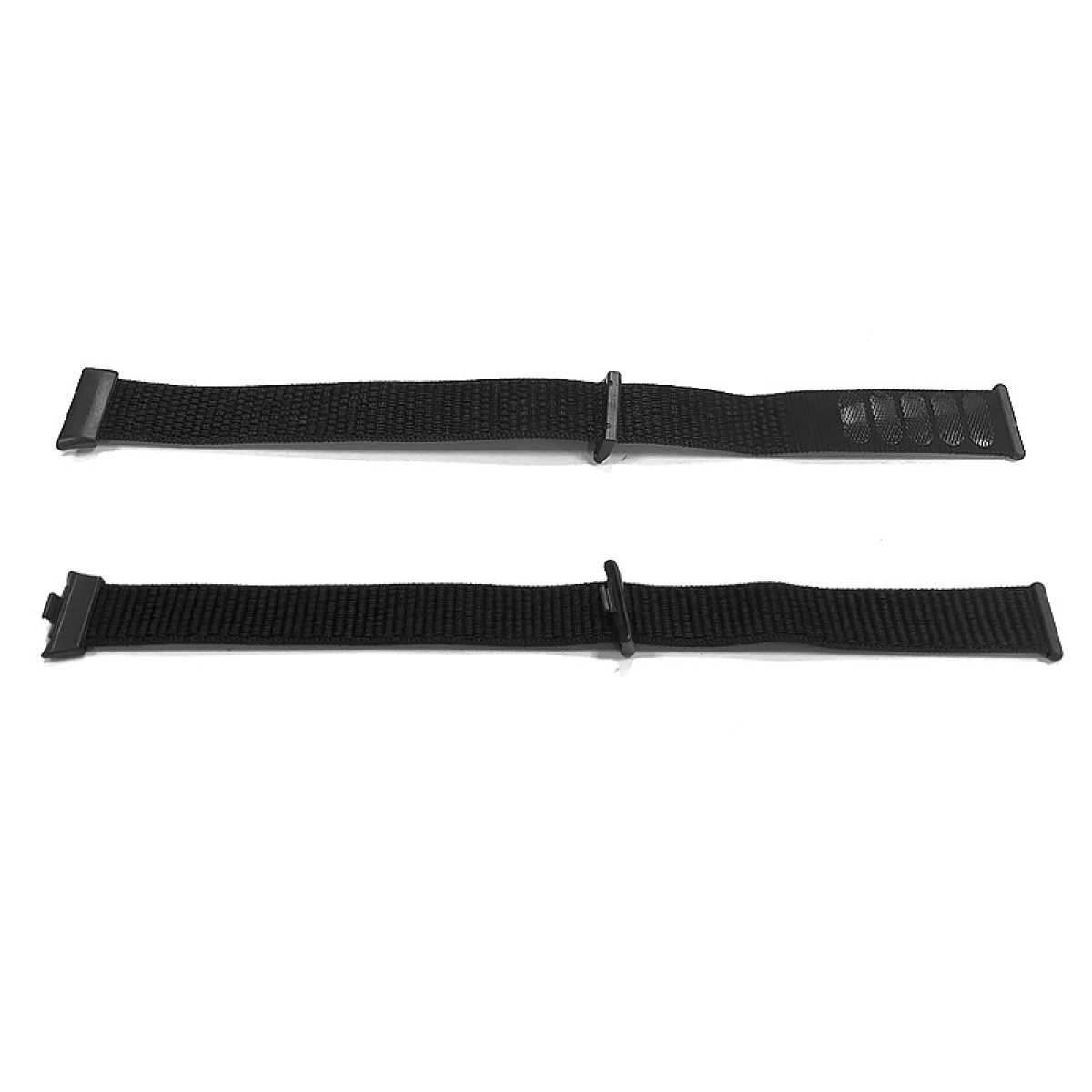 Dwa czarne paski do zegarków na białej powierzchni. Każdy pasek ma klamrę i wzór.