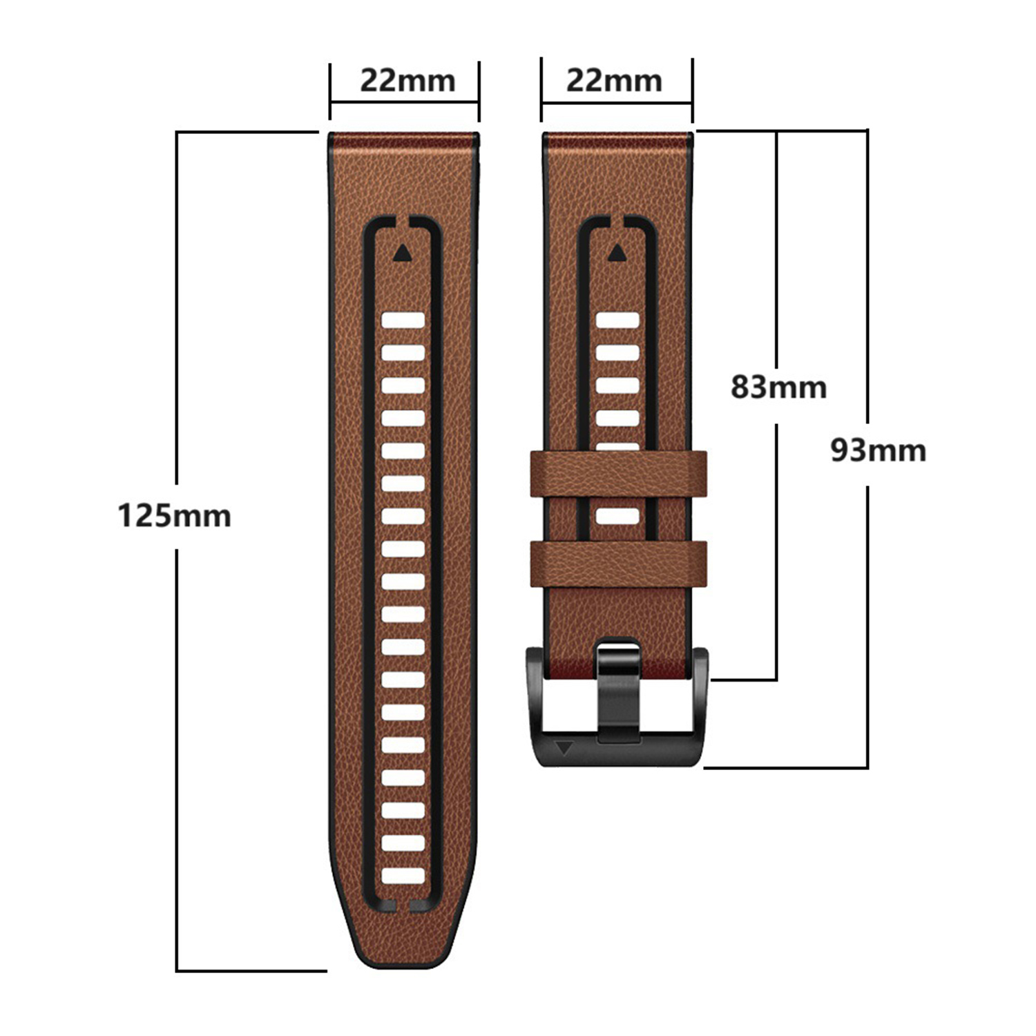 Due cinturini in pelle marrone con misure. Un cinturino è lungo 125 mm, l'altro 93 mm. La larghezza è di 22 mm.
