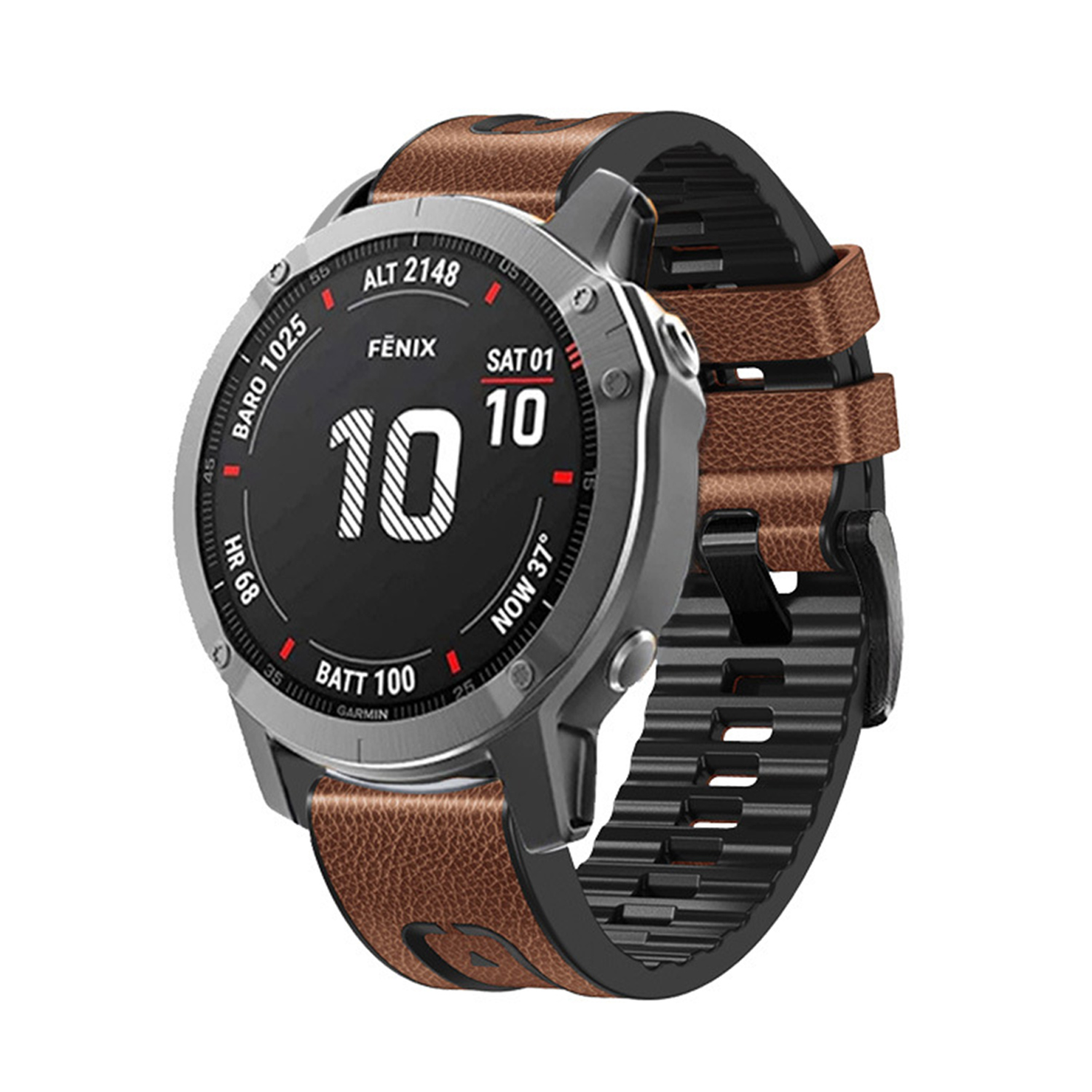 Un orologio Garmin Fenix argentato con cinturino in pelle marrone. Il quadrante mostra '10', 'SAT 01' e altre metriche.