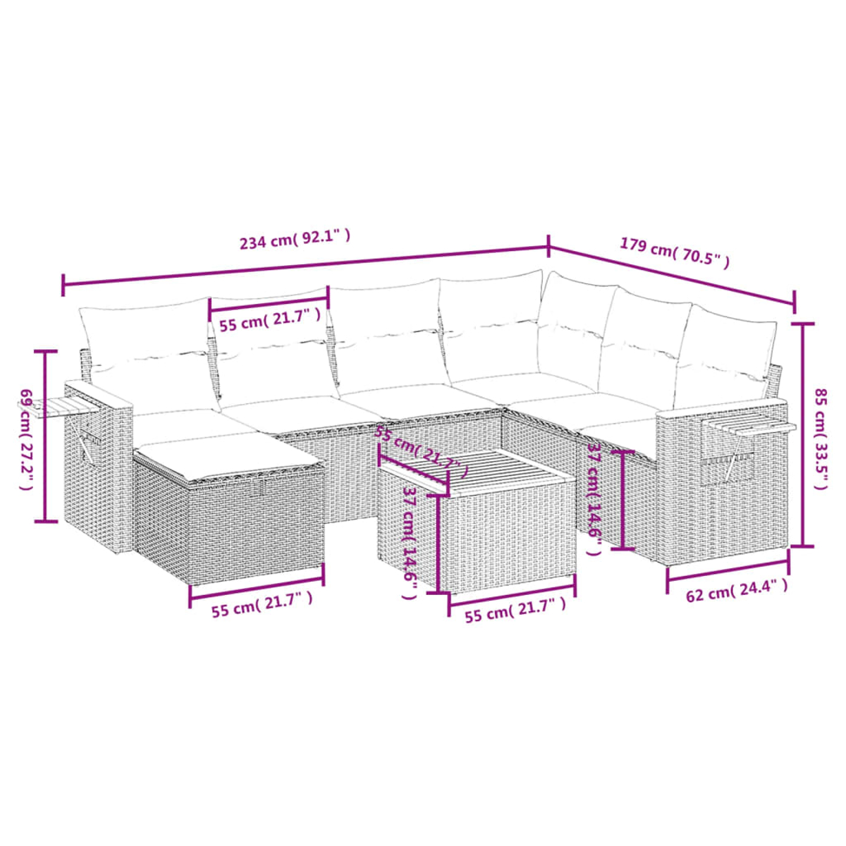 Ein Outdoor-Ecksofa im Korbstil mit beschrifteten Abmessungen. Es hat Kissen und einen kleinen Tisch. Maße sind in cm und Zoll angegeben.
