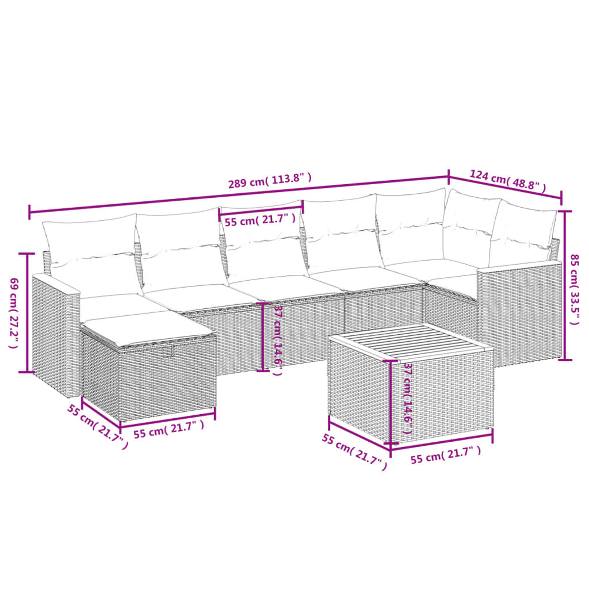 Outdoor-Wicker-Sofagarnitur mit Maßen. Enthält ein langes Sofa und einen kleinen Tisch, alles in hellbraunen Tönen.