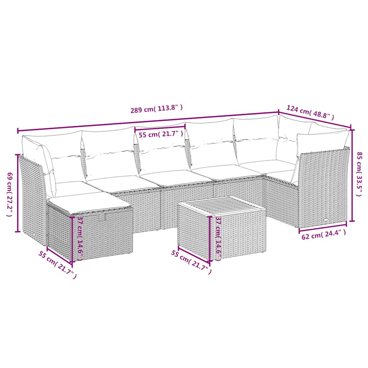 Ein Ecksofa aus Rattan für den Außenbereich mit Maßangaben, einschließlich eines Couchtisches. Beige Kissen und gewebter Rahmen sind sichtbar.